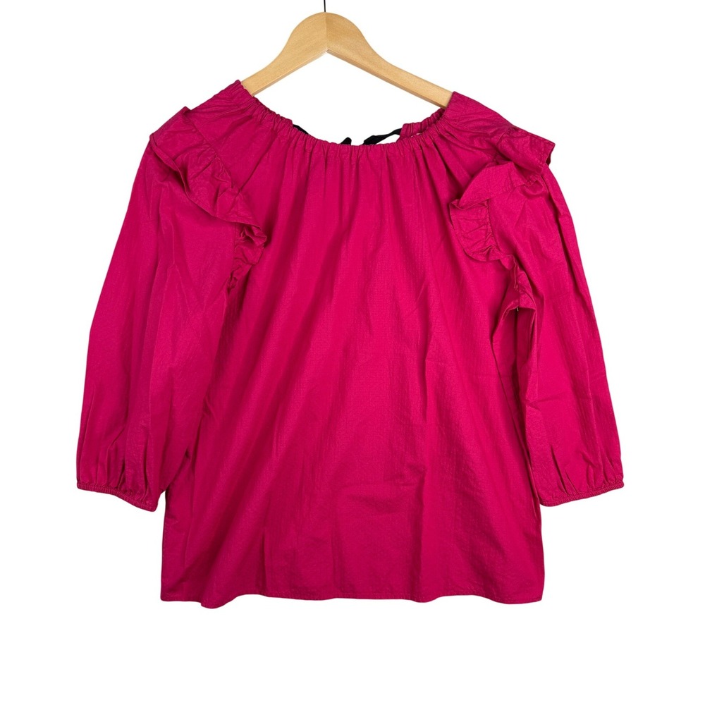 Loft Ruffle Accent Textured 3/4 Puff Sleeve Blouse size Medium Pink
